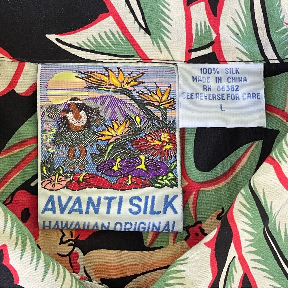 VTG Avanti Silk Hawaiian Original Hula Girls Palms Aloha Print Button Up Shirt L - Picture 6 of 8